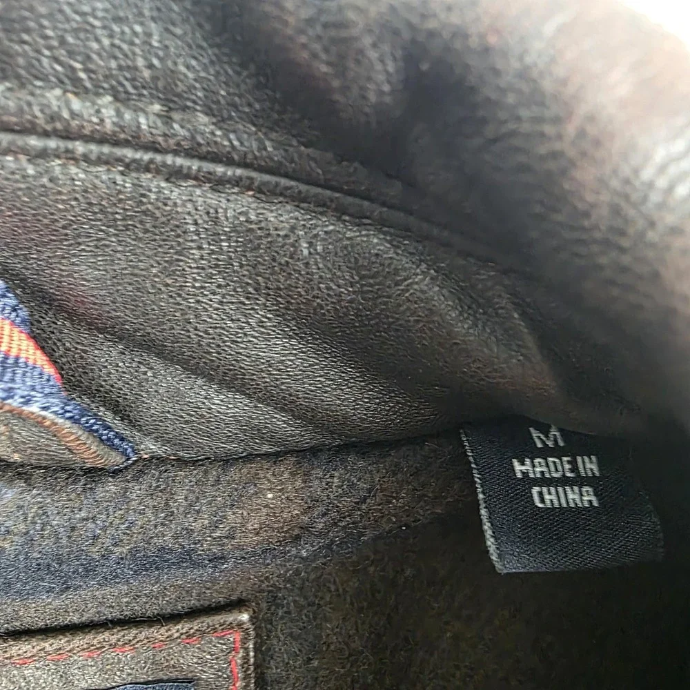 Tommy Hilfiger Jacket Mens Medium Brown Leather Bomber Plaid Lined Full Zip